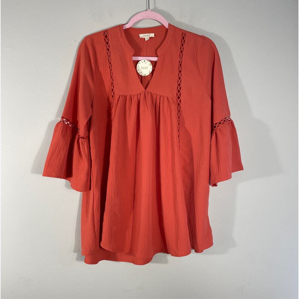 Oddy Womens Tunic Top Size S Salmon Crinkle 3/4 Bell Sleeve Crochet Trim V-Neck